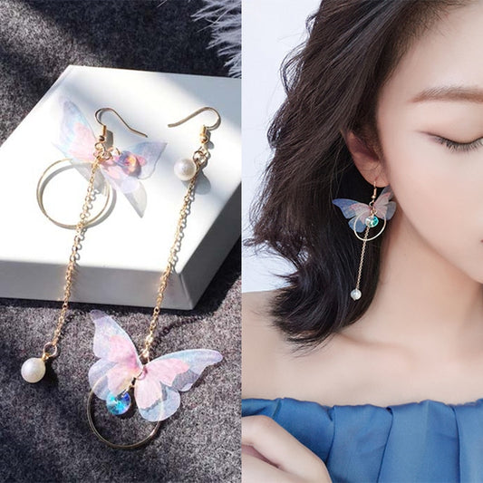 Korean Retro Asymmetric Butterfly Imitation Pearl Earrings Fashion Round Flower Brincos Long Statement Wings Earrings Jewelry™