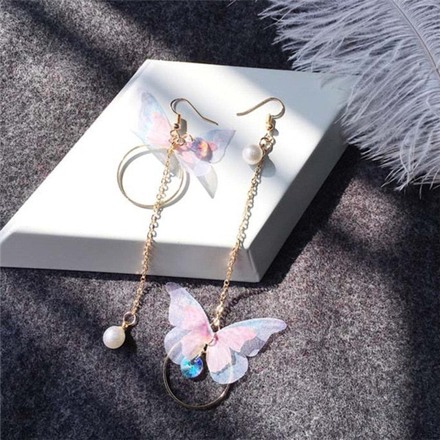 Korean Retro Asymmetric Butterfly Imitation Pearl Earrings Fashion Round Flower Brincos Long Statement Wings Earrings Jewelry™