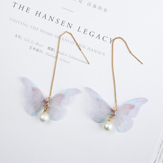 Korean Retro Asymmetric Butterfly Imitation Pearl Earrings Fashion Round Flower Brincos Long Statement Wings Earrings Jewelry™