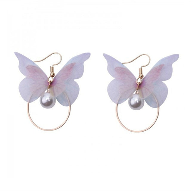 Korean Retro Asymmetric Butterfly Imitation Pearl Earrings Fashion Round Flower Brincos Long Statement Wings Earrings Jewelry™