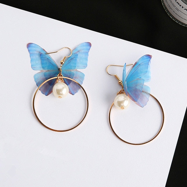 Korean Retro Asymmetric Butterfly Imitation Pearl Earrings Fashion Round Flower Brincos Long Statement Wings Earrings Jewelry™