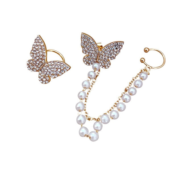 Korean Retro Asymmetric Butterfly Imitation Pearl Earrings Fashion Round Flower Brincos Long Statement Wings Earrings Jewelry™