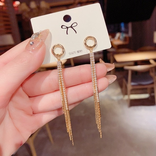 Korean Vintage Glossy Arc Bar Long Thread Tassel Drop Earrings for Women Gold Geometric Fashion Jewelry Hanging Pendientes