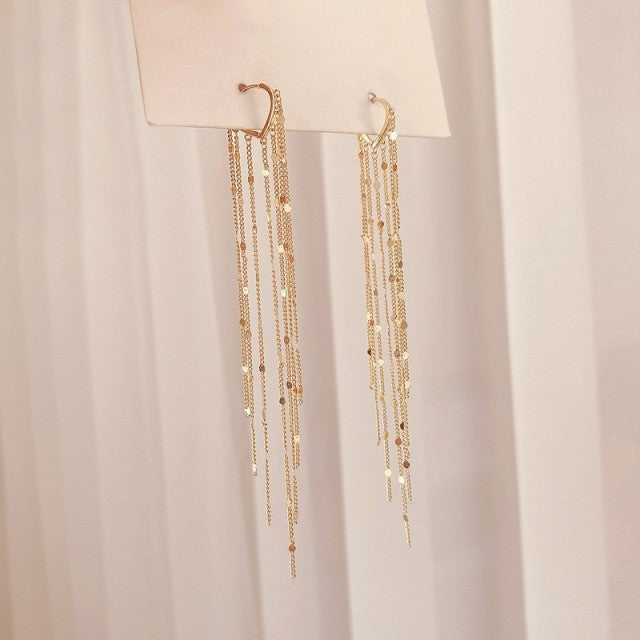 Korean Vintage Glossy Arc Bar Long Thread Tassel Drop Earrings for Women Gold Geometric Fashion Jewelry Hanging Pendientes