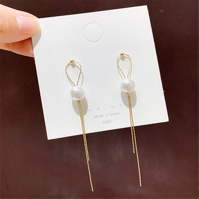 Korean Vintage Glossy Arc Bar Long Thread Tassel Drop Earrings for Women Gold Geometric Fashion Jewelry Hanging Pendientes